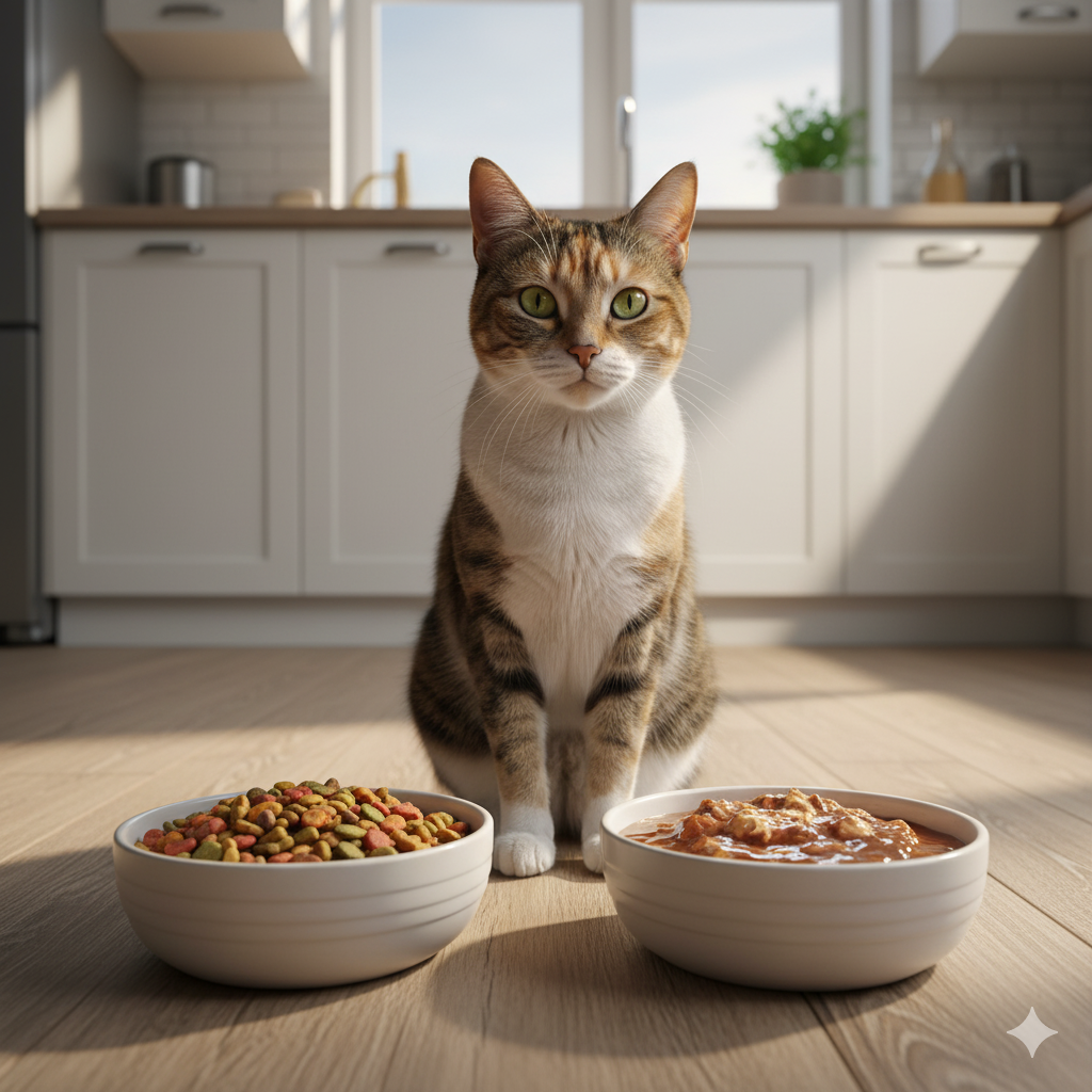 A beautiful cat sitting near two bowls